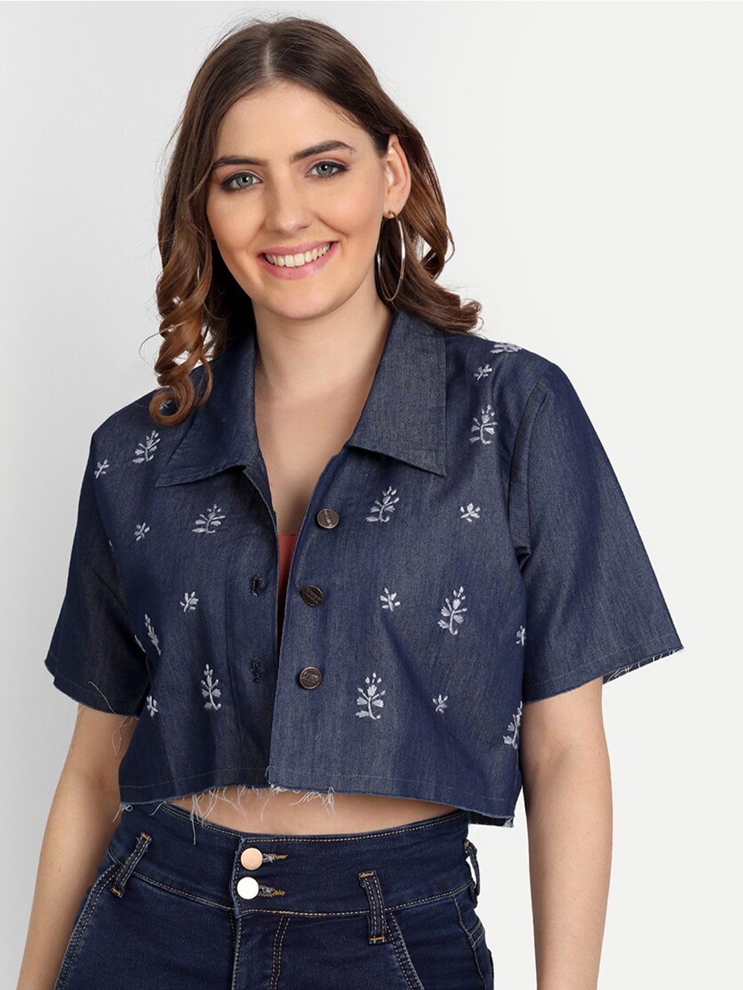 

Indiankala4u Floral Embroidered Denim Shirt Style Crop Top, Blue