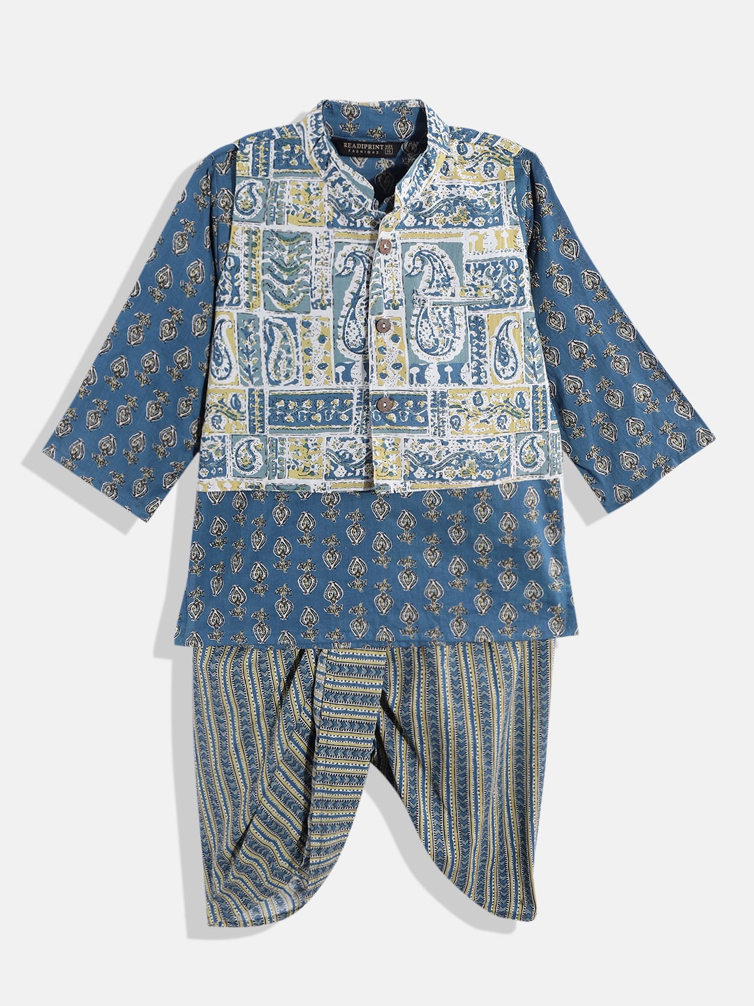 

Readiprint Boys Blue Ethnic Motifs Printed Pure Cotton Kurta with Dhoti Pants