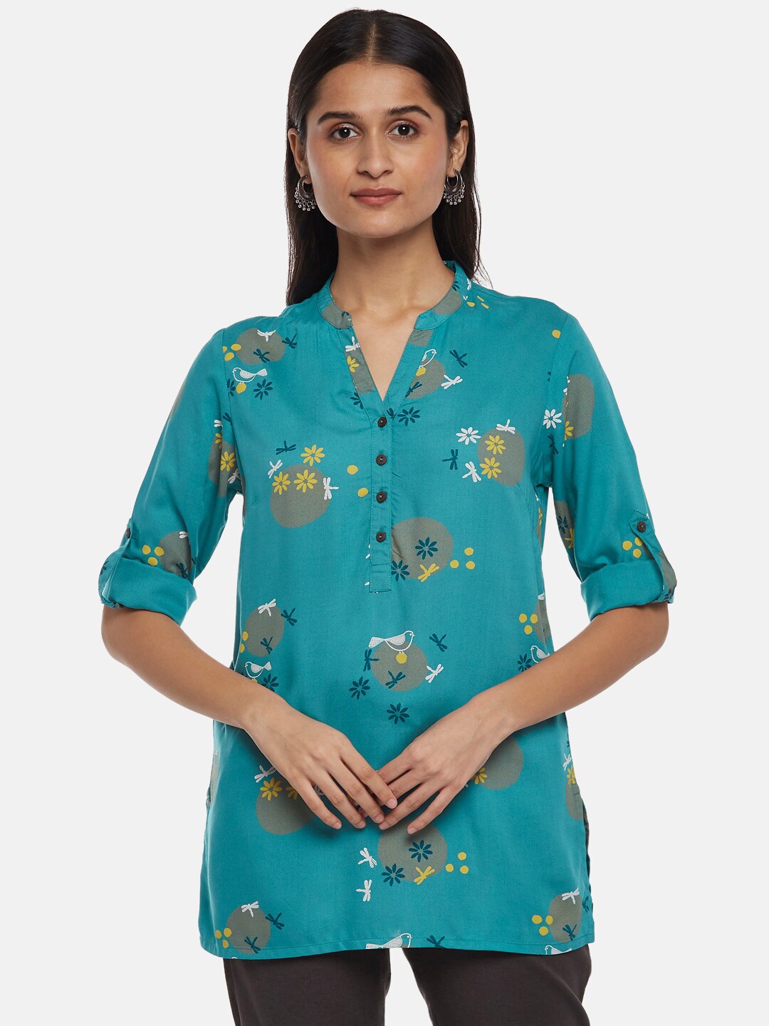 

AKKRITI BY PANTALOONS Viscose Rayon Mandarin Collar Printed Tunic, Turquoise blue