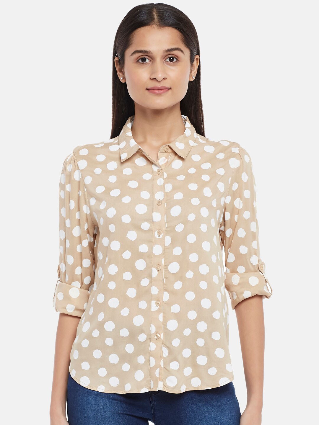 

Honey by Pantaloons Viscose Rayon Shirt Collar Printed Tunic, Beige