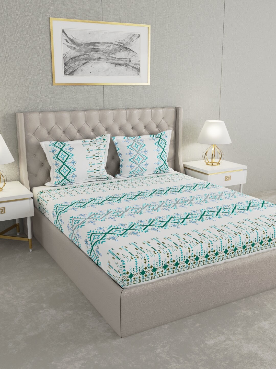

Raymond Home White & Green Ethnic Motifs 140 TC Queen Bedsheet with 2 Pillow Covers
