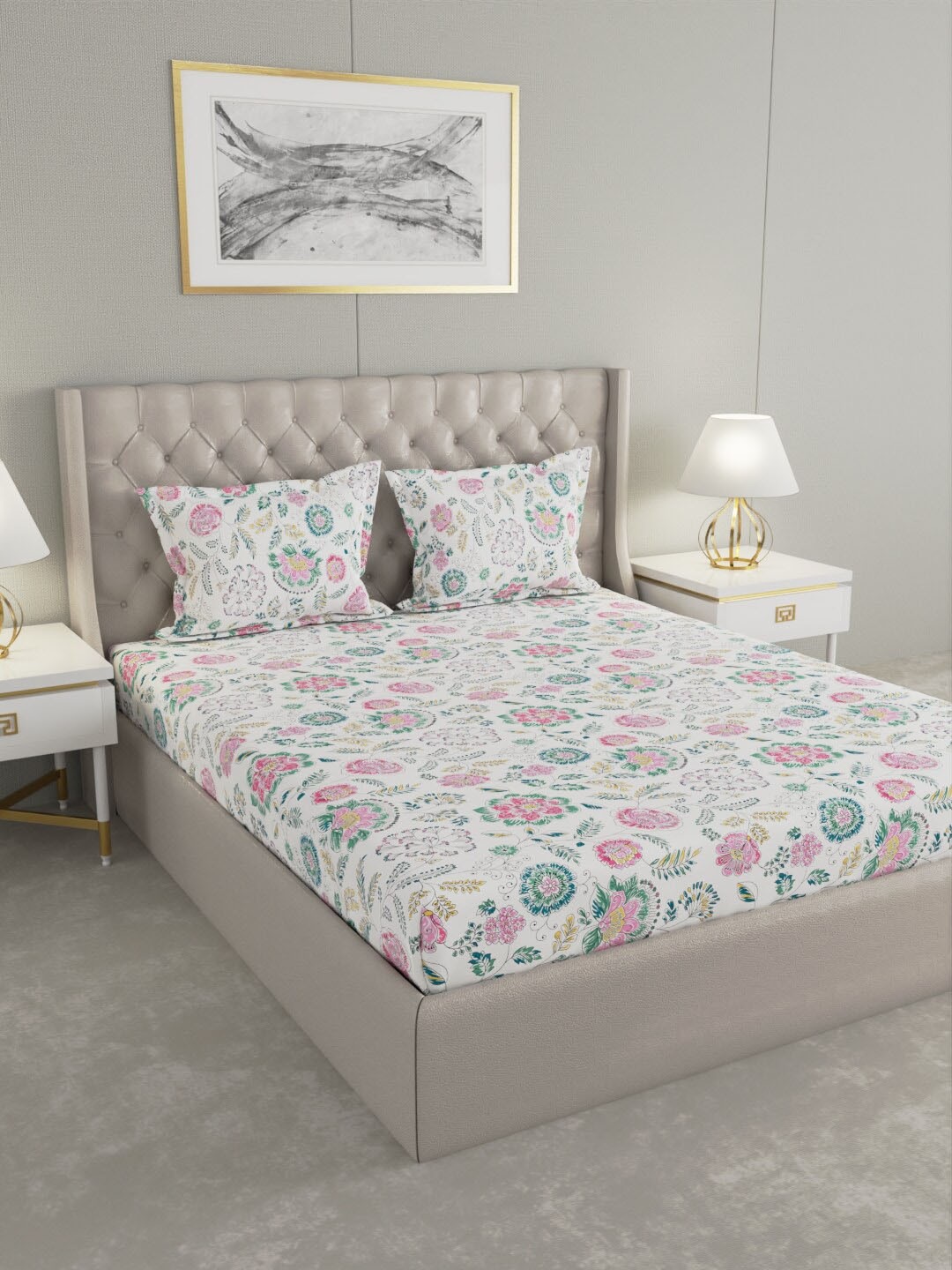 

Raymond Home White & Pink Floral 200 TC King Pure Cotton Bedsheet with 2 Pillow Covers