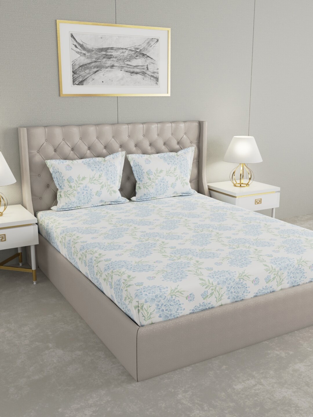 

Raymond Home White & Blue Floral 200 TC King Pure Cotton Bedsheet with 2 Pillow Covers