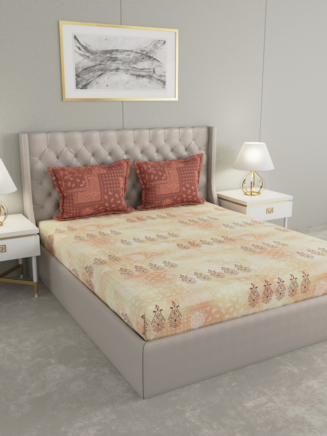 

Raymond Home Yellow & Peach-Coloured 120 TC Pure Cotton King Bedsheet with 2 Pillow Covers