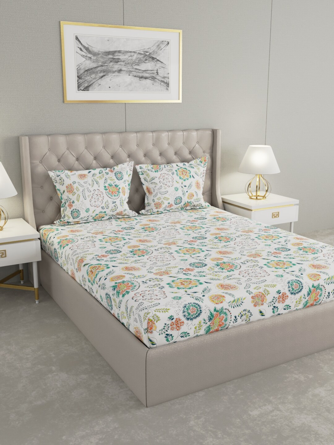 

Raymond Home White & Green Floral 200 TC Pure Cotton King Bedsheet with 2 Pillow Covers