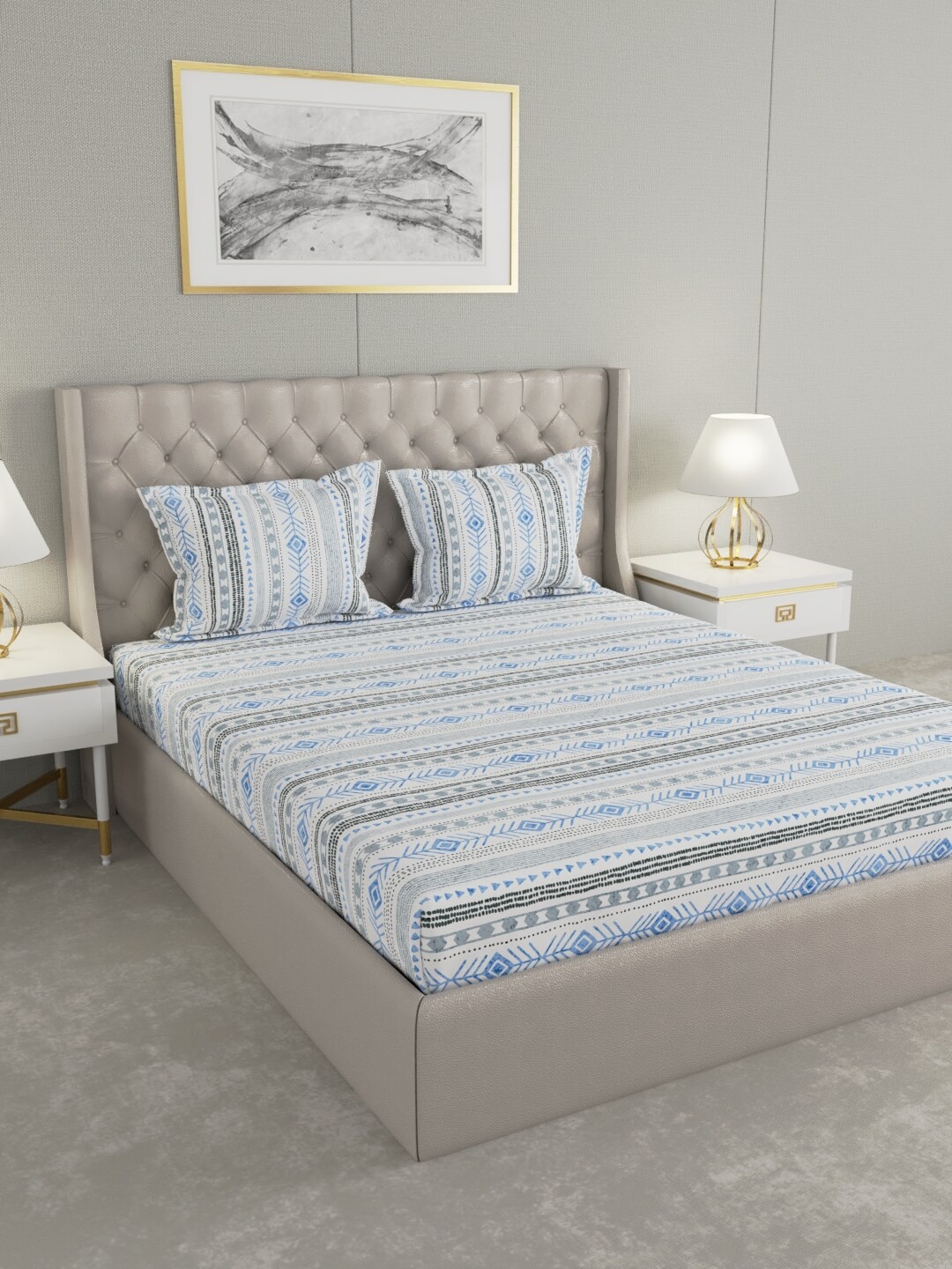

Raymond Home White & Blue 140 TC Pure Cotton King Bedsheet with 2 Pillow Covers