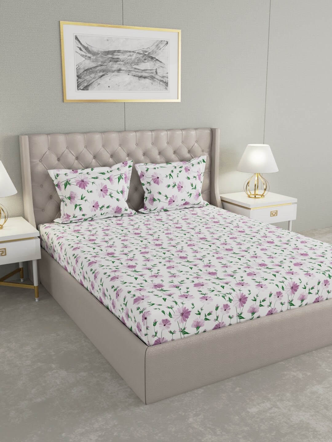 

Raymond Home White & Pink Floral 140 TC Pure Cotton King Bedsheet with 2 Pillow Covers