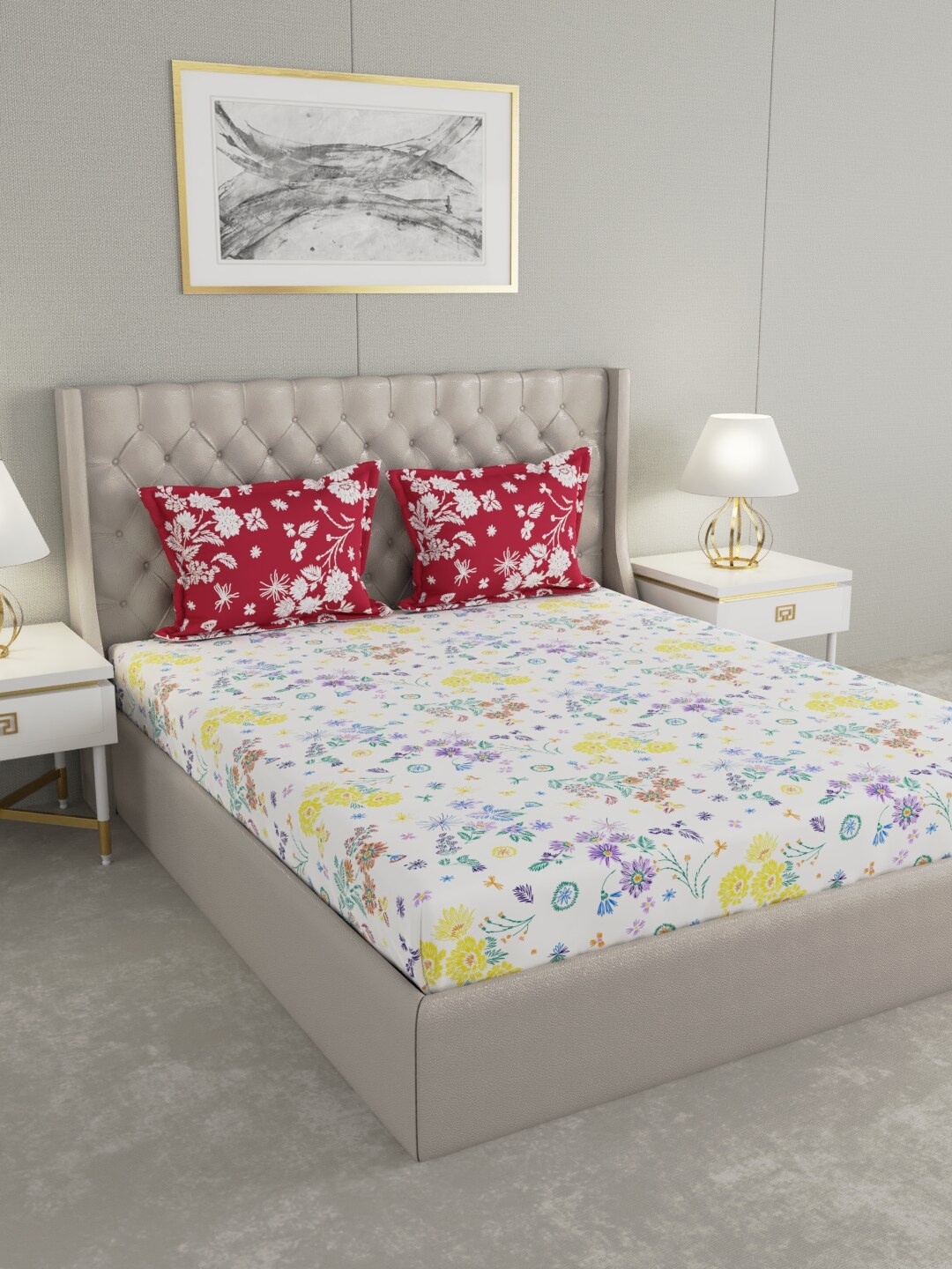 

Raymond Home White & Purple Floral 120 TC Pure Cotton King Bedsheet with 2 Pillow Covers