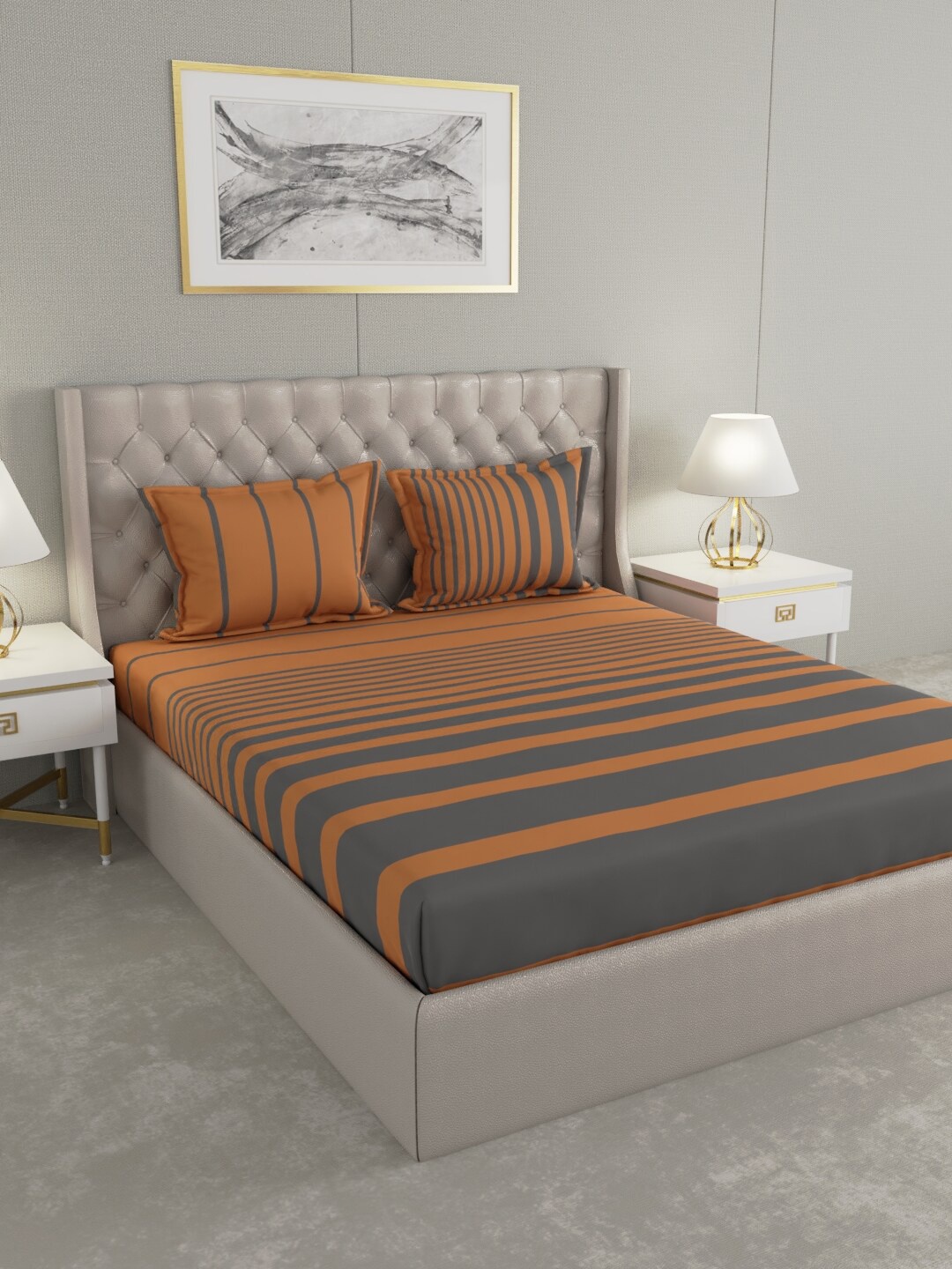 

Raymond Home Brown & Grey Striped 140 TC Pure Cotton King Bedsheet with 2 Pillow Covers