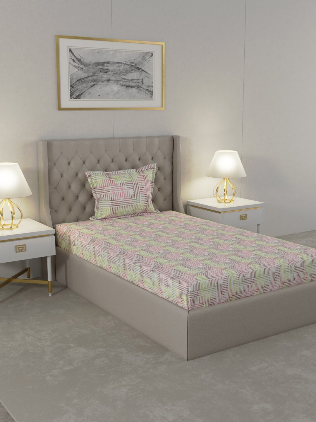 

Raymond Home Pink & Green 104 TC Pure Cotton Single Bedsheet with 1 Pillow Covers