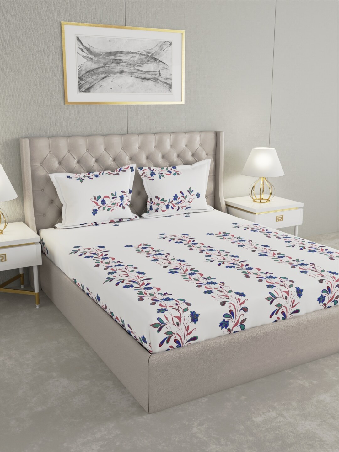 

Raymond Home White & Blue Floral 200 TC Pure Cotton King Bedsheet with 2 Pillow Covers