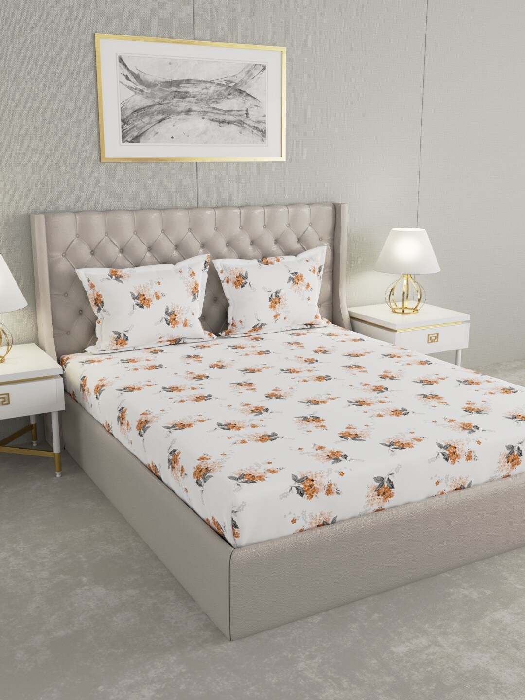 

Raymond Home White & Orange Pure Cotton 200 TC King Bedsheet with 2 Pillow Covers