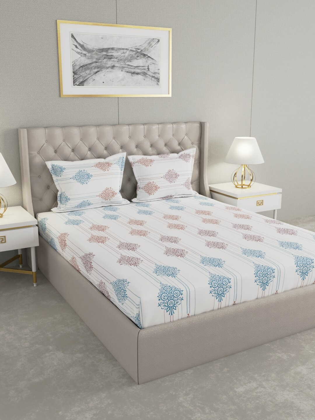 

Raymond Home White & Blue 200 TC Pure Cotton King Bedsheet with 2 Pillow Covers