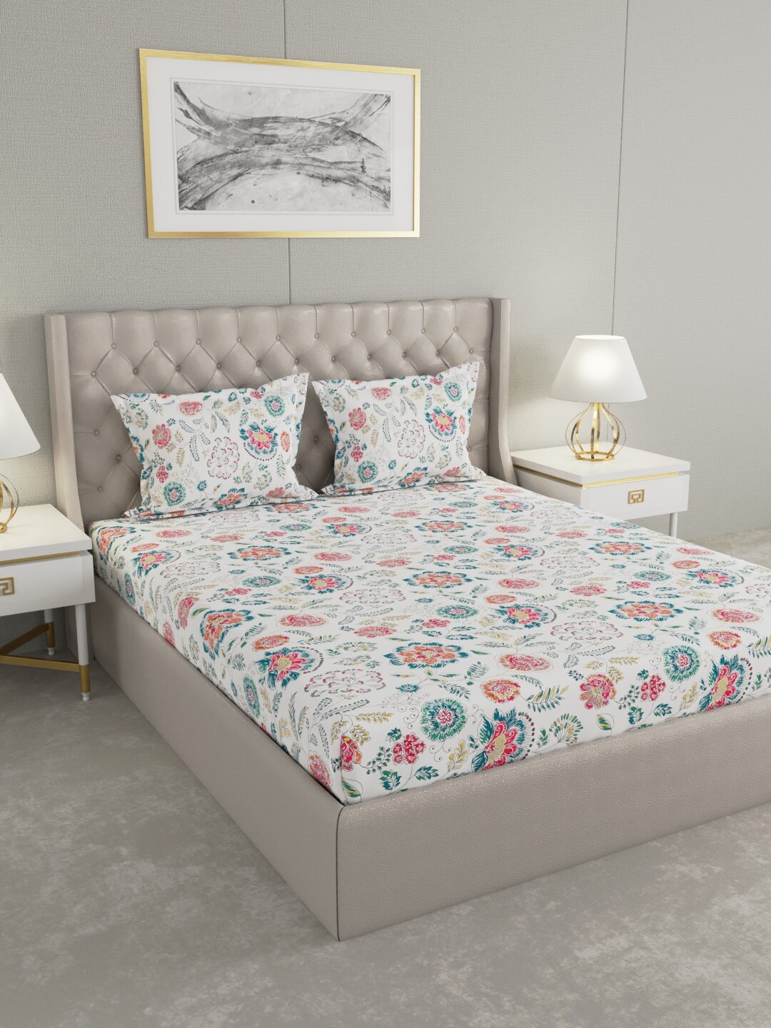 

Raymond Home White & Blue Floral 200 TC Pure Cotton King Bedsheet with 2 Pillow Covers