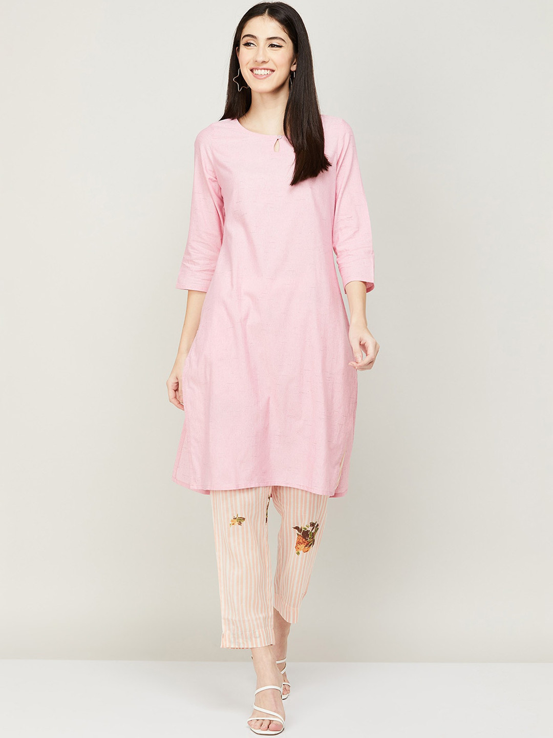 

Melange by Lifestyle Keyhole Neck Three-Quarter Sleeves Cotton Kurta, Pink