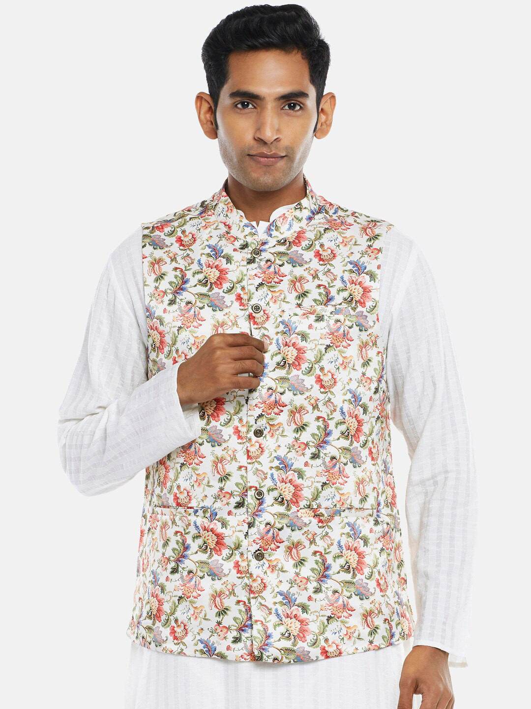 

indus route by Pantaloons Men Printed Nehru Jacket, Off white
