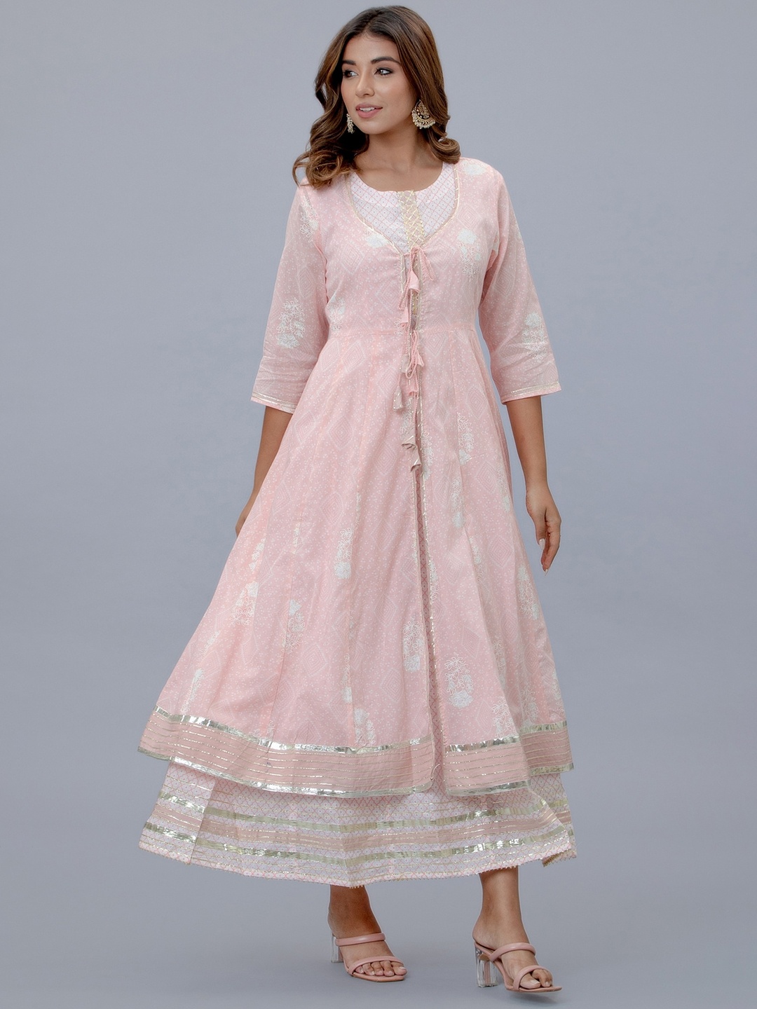 

EtnicaWear Round Neck Floral Printed Pure Cotton Anarkali Empire Kurta, Pink
