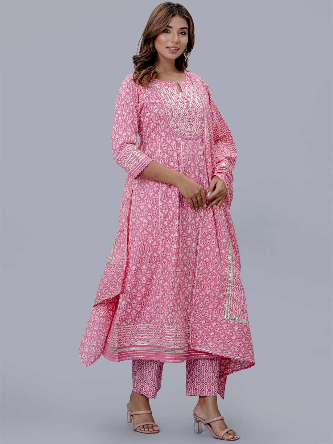 

EtnicaWear Women Ethnic Printed Pleated Pure Cotton Kurta with Trousers & Dupatta, Pink