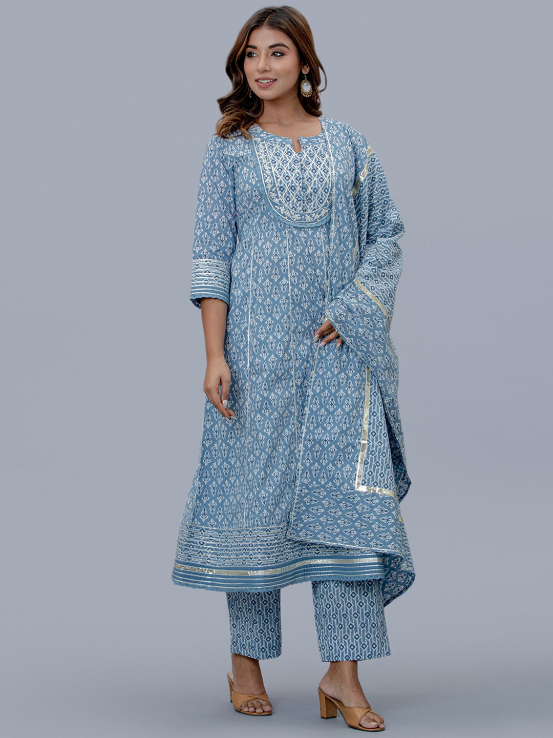 

EtnicaWear Women Ethnic Printed Pleated Pure Cotton Kurta with Trousers & Dupatta, Blue