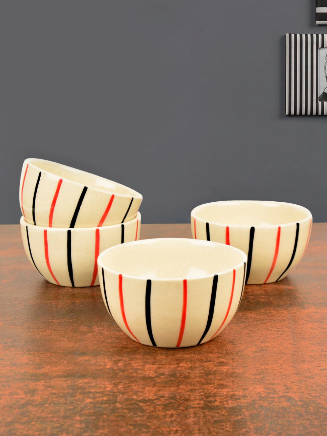 

StyleMyWay Off White & Red Set of 4 Microwave Safe Ceramic Glossy Bowls 350 ml Each