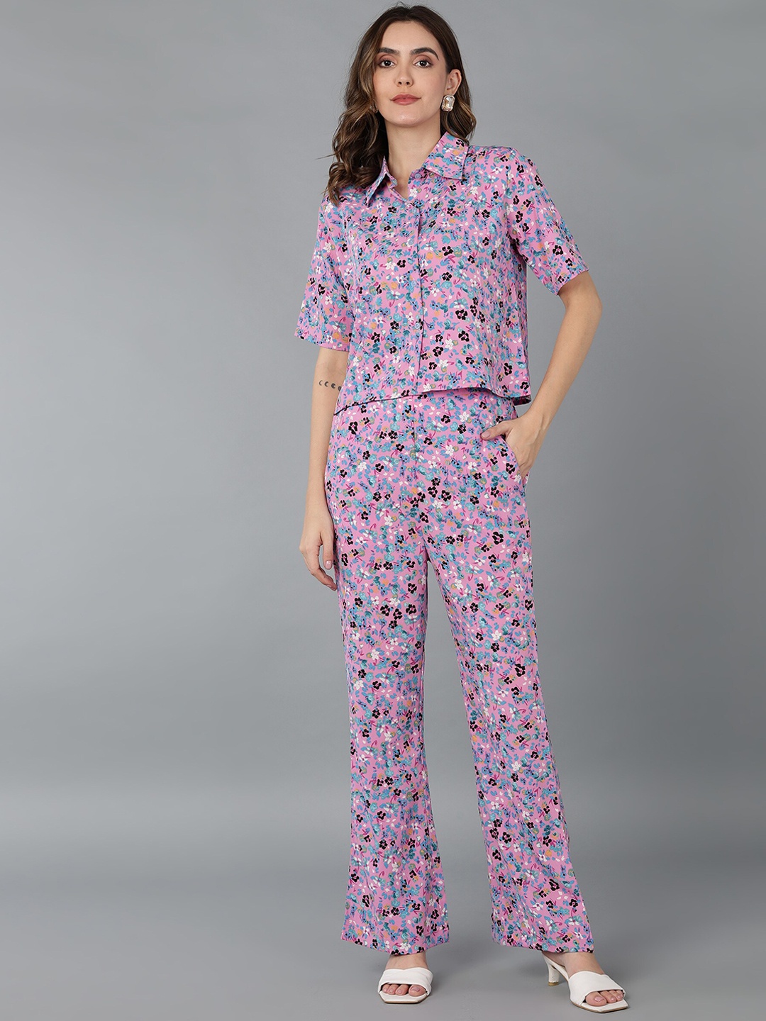 

Fashfun Women Printed Shirt With Trouser Co-Ords, Pink