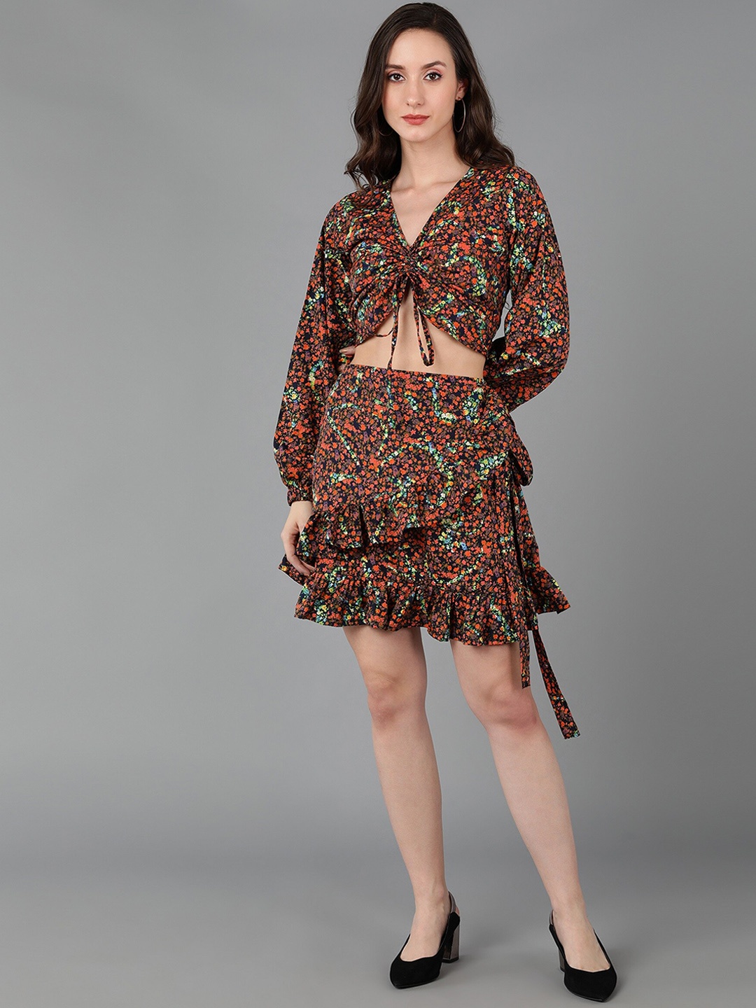 

Fashfun Women Floral Printed Crop Top and Skirt Co-Ords, Orange