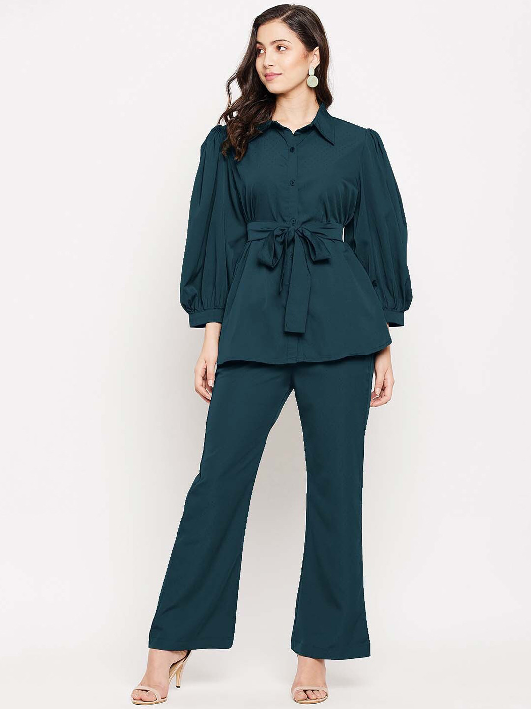 

Fashfun Women Wrap Waist Belt Top With Trouser Co-ords, Green