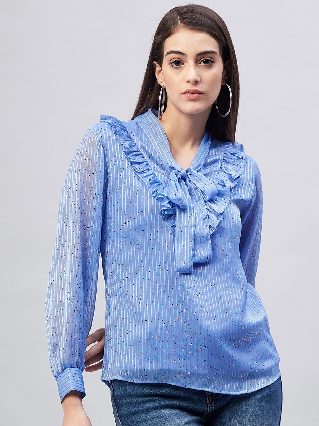 

Marie Claire Blue Striped Tie-Up Neck Ruffles Chiffon Top