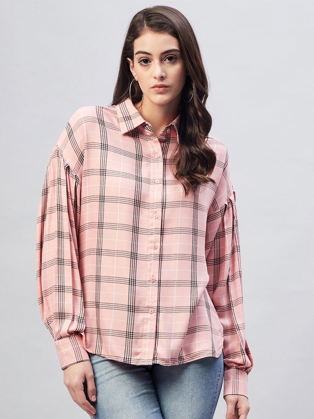 

Marie Claire Women Tartan Checks Checked Casual Shirt, Peach