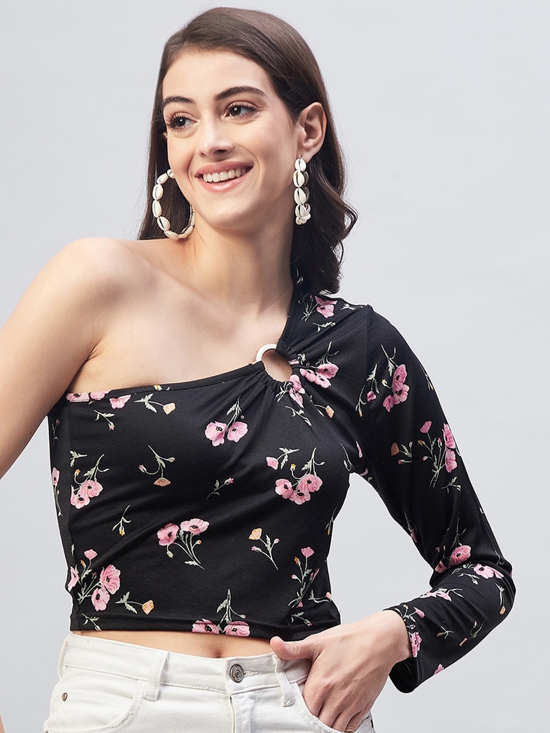 

Marie Claire Floral Print One Shoulder Crop Top, Black