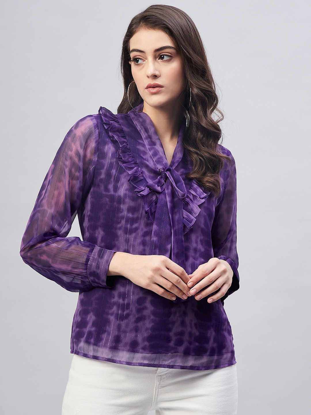 

Marie Claire Purple Tie and Dye Tie-Up Neck Ruffles Chiffon Top
