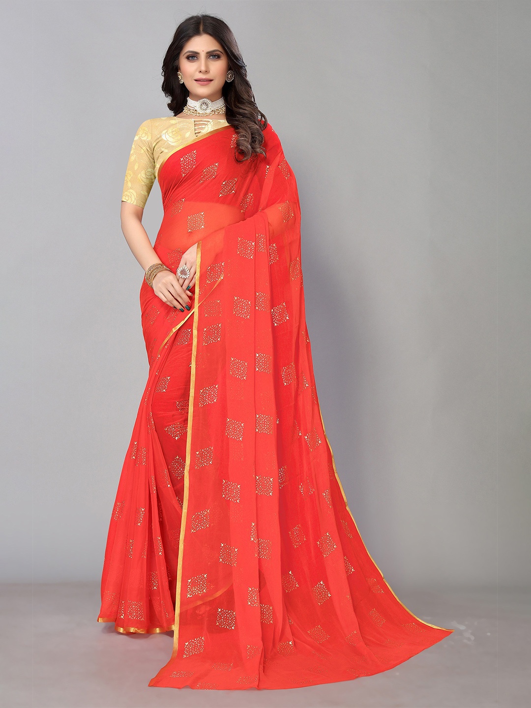 

KALINI Ethnic Motifs Zari Border Pure Chiffon Saree, Red