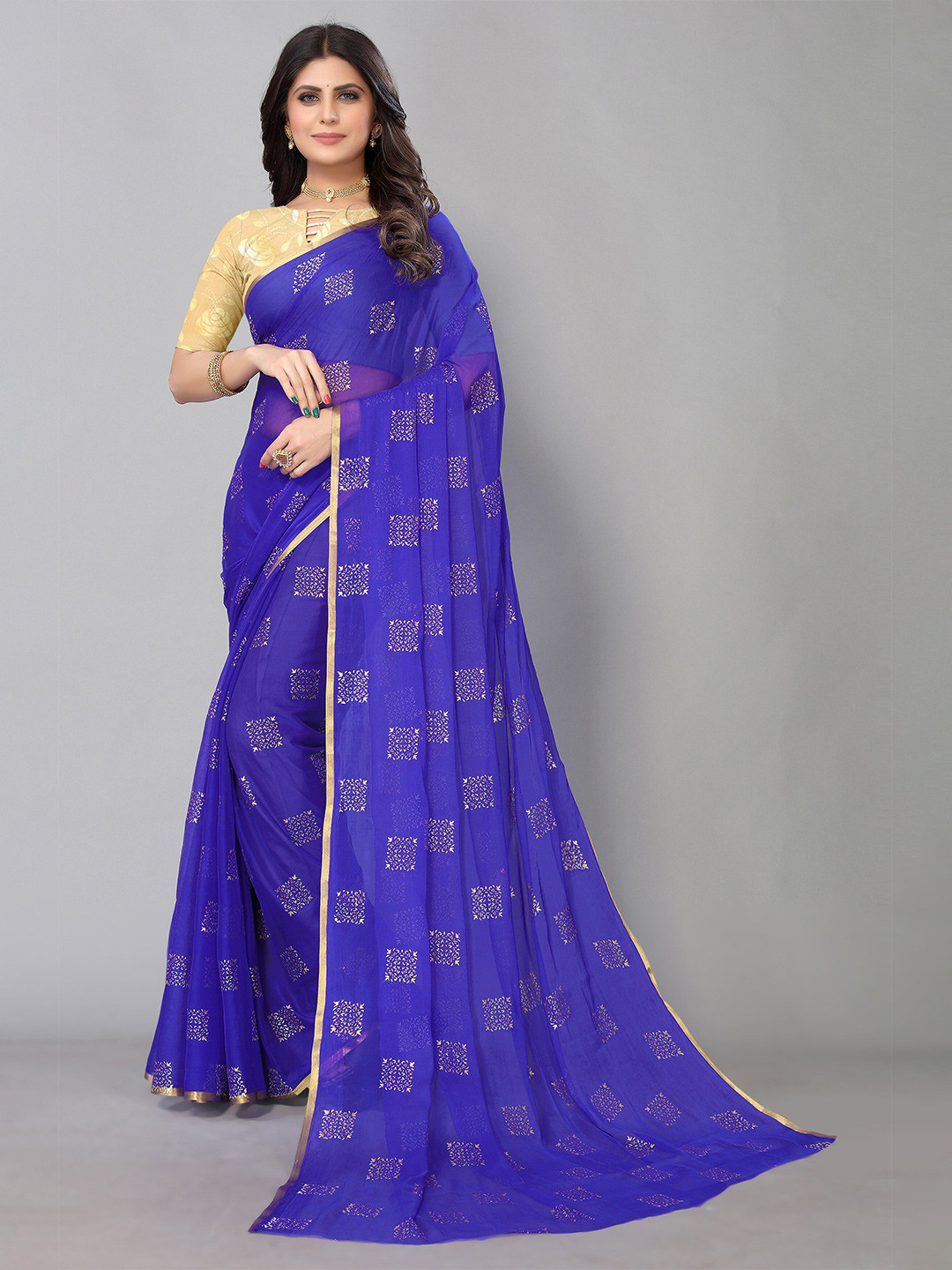 

KALINI Ethnic Motifs Printed Pure Chiffon Saree, Blue