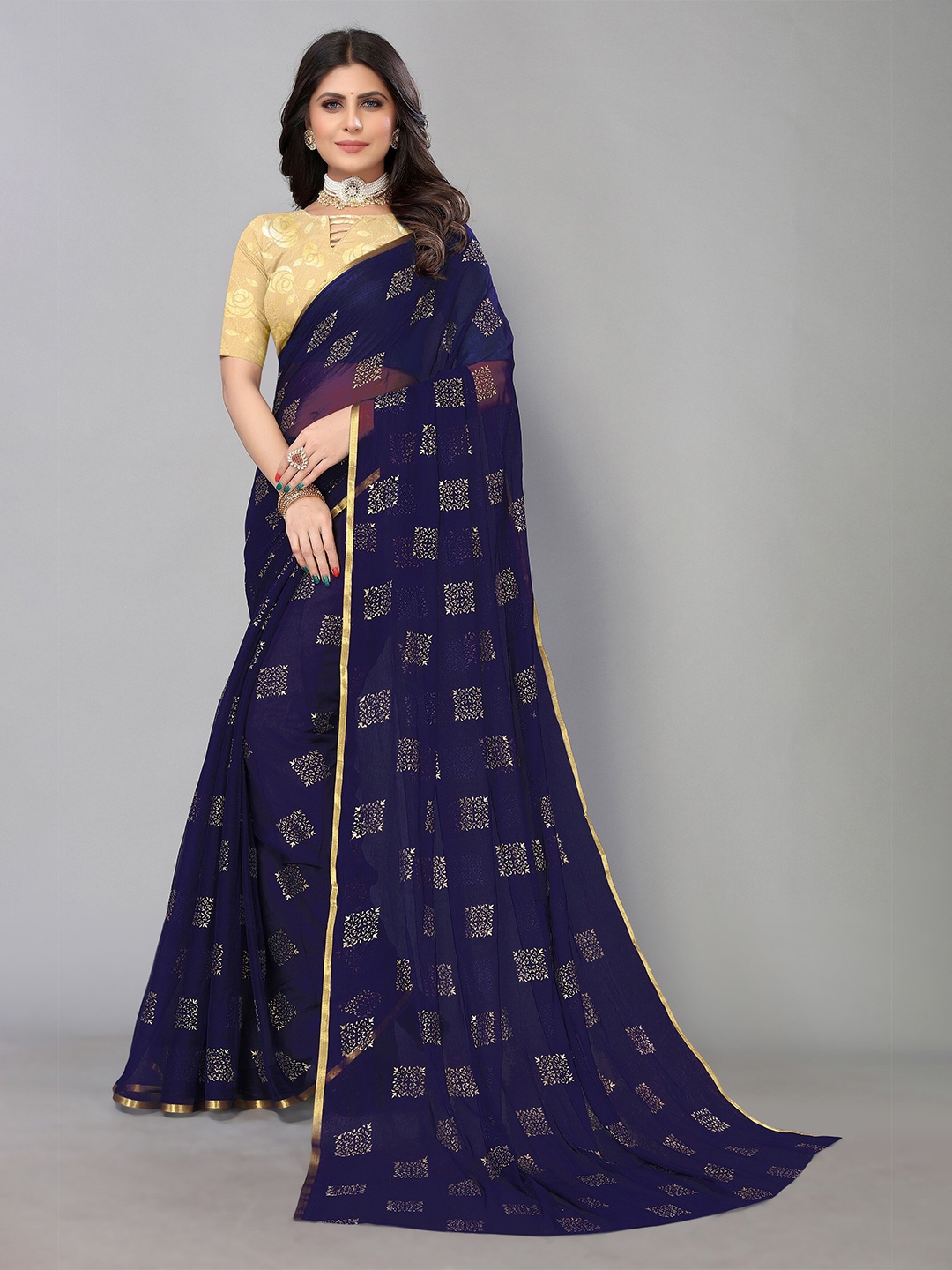 

KALINI Ethnic Motifs Printed Pure Chiffon Saree, Blue