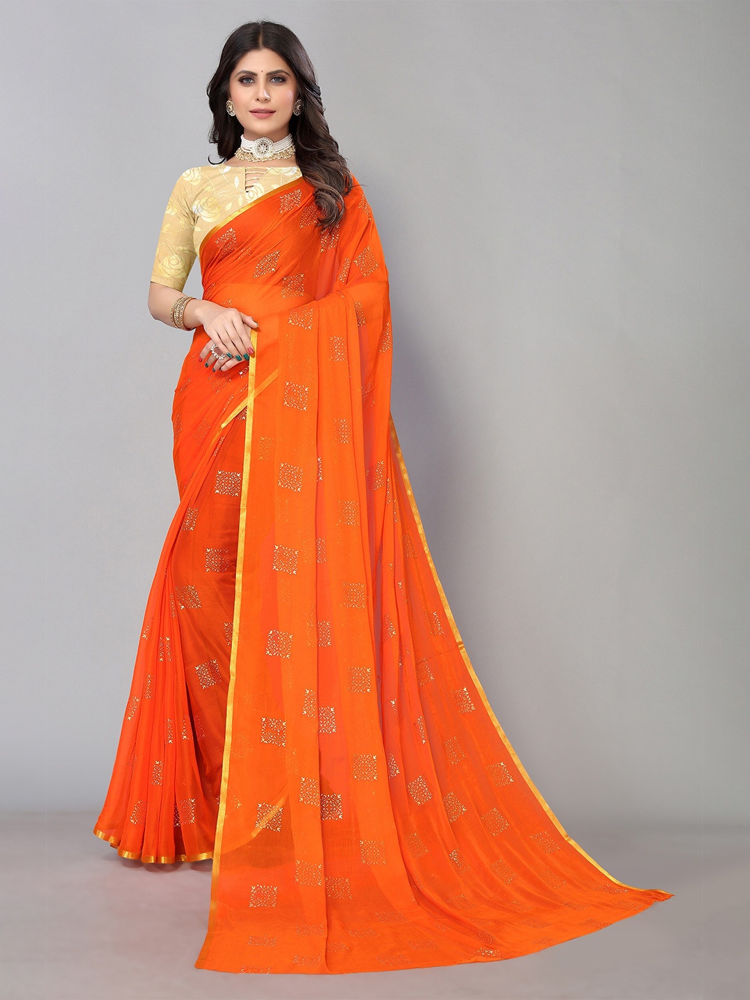 

KALINI Ethnic Motifs Printed Pure Chiffon Saree, Orange