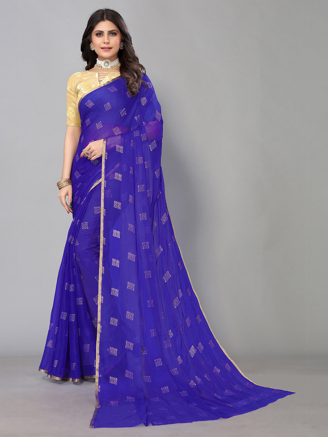 

KALINI Ethnic Motifs Printed Zari Border Pure Chiffon Saree, Navy blue