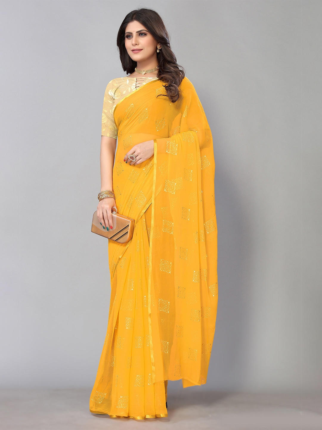 

KALINI Ethnic Motifs Printed Pure Chiffon Saree, Yellow