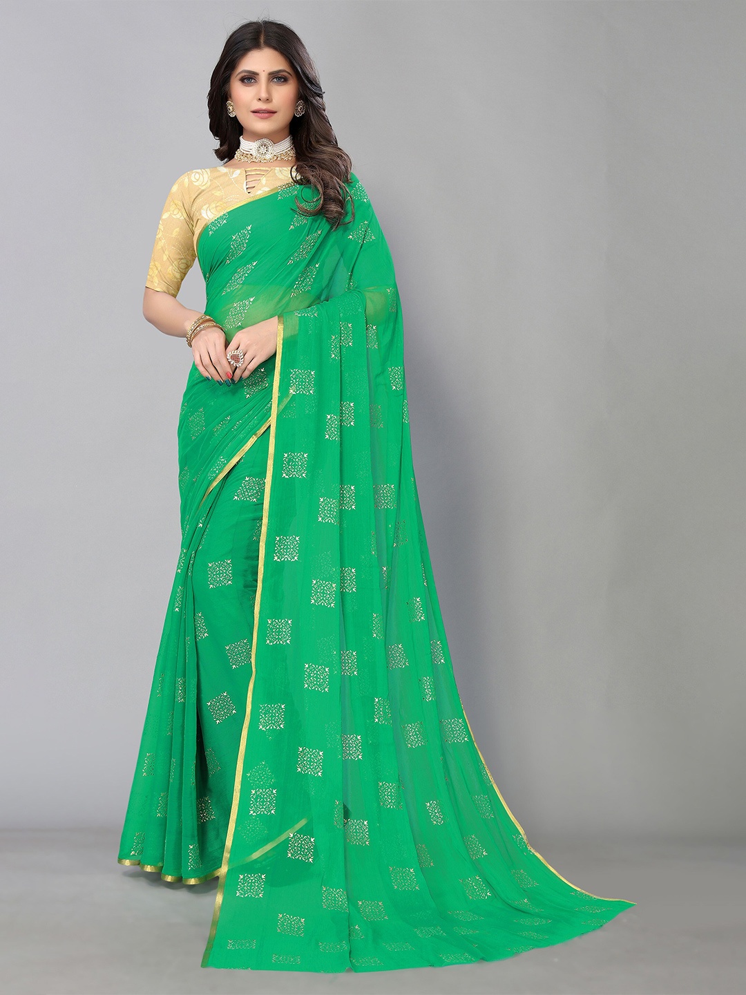 

KALINI Ethnic Motifs Printed Pure Chiffon Saree, Green