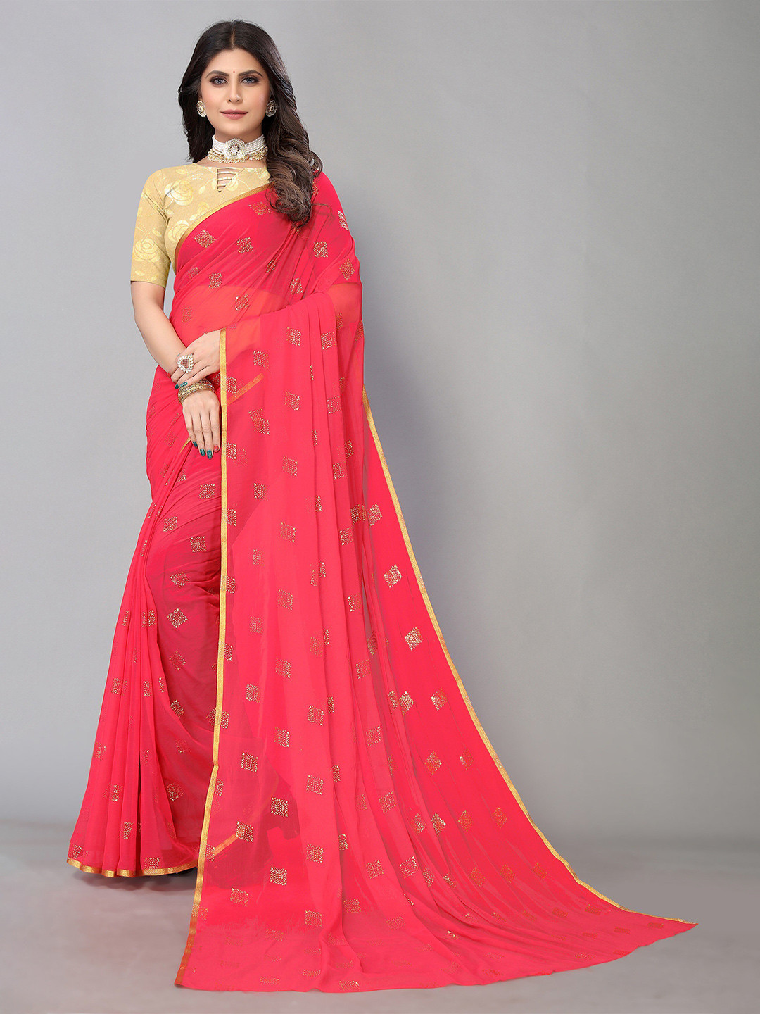 

KALINI Ethnic Motifs Printed Pure Chiffon Saree, Pink