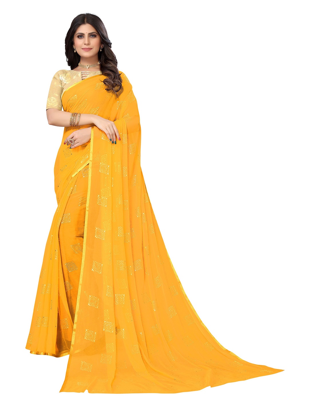 

Nimayaa Ethnic Motifs Printed Zari Pure Chiffon Saree, Yellow