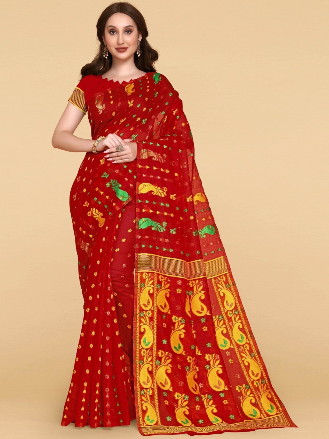 

ZIKARAA Floral Jute Cotton Jamdani Saree, Red