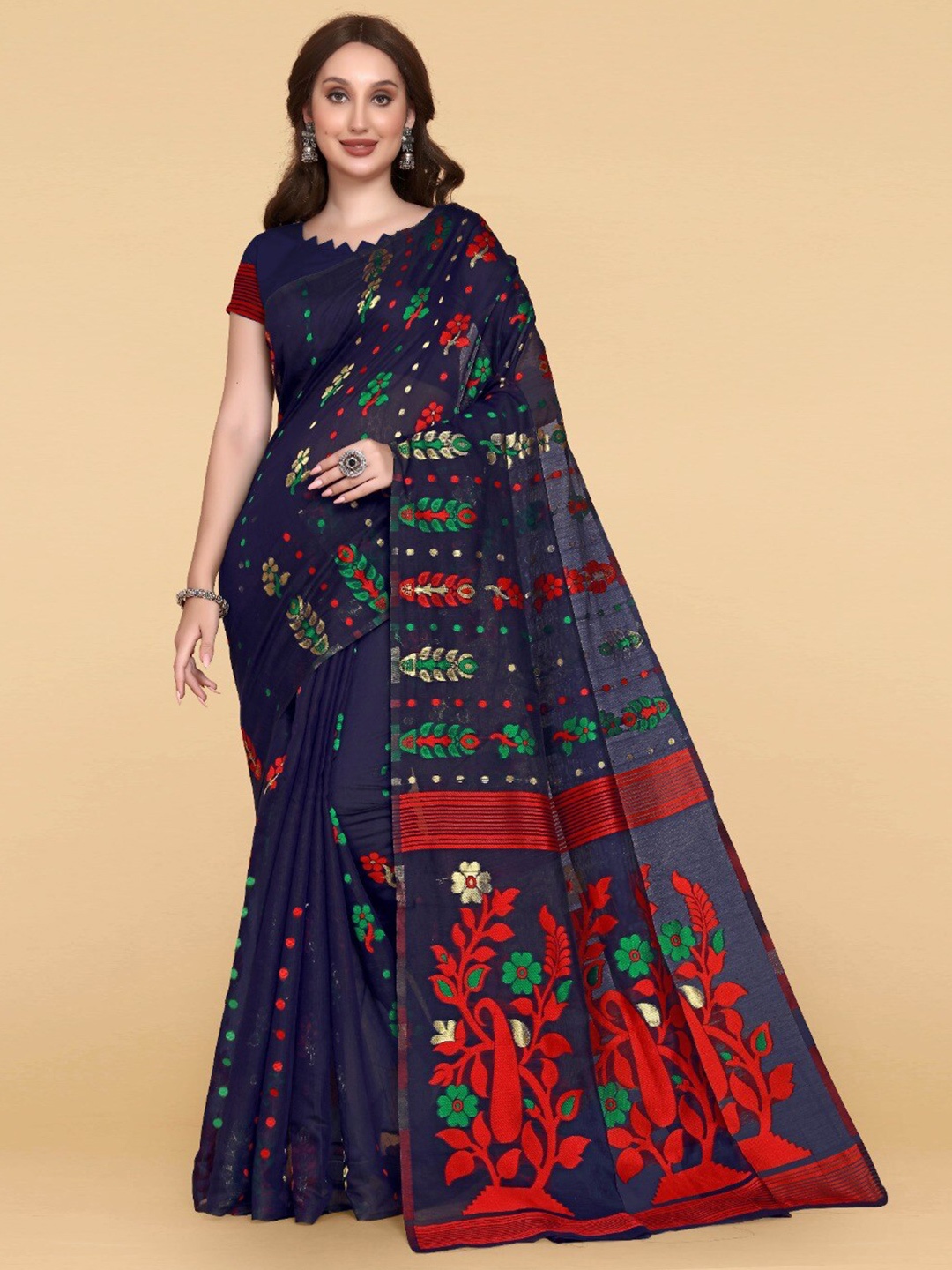 

ZIKARAA Floral Jute Cotton Jamdani Saree, Navy blue