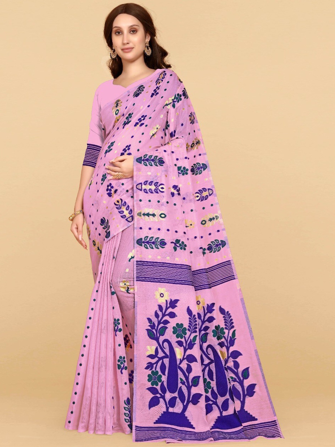 

ZIKARAA Woven Design Jute Cotton Jamdani Saree, Pink