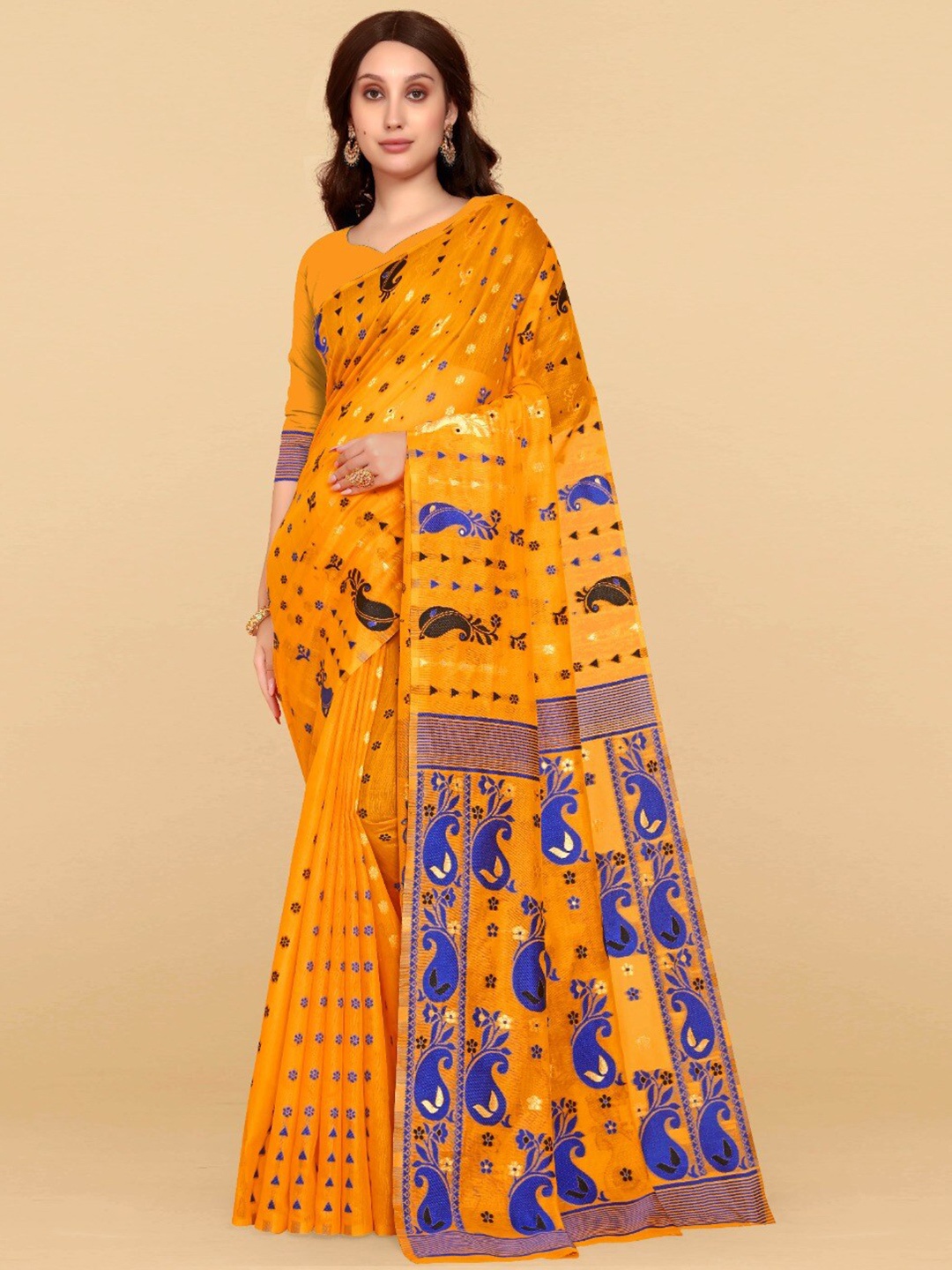 

ZIKARAA Floral Jute Cotton Jamdani Saree, Orange