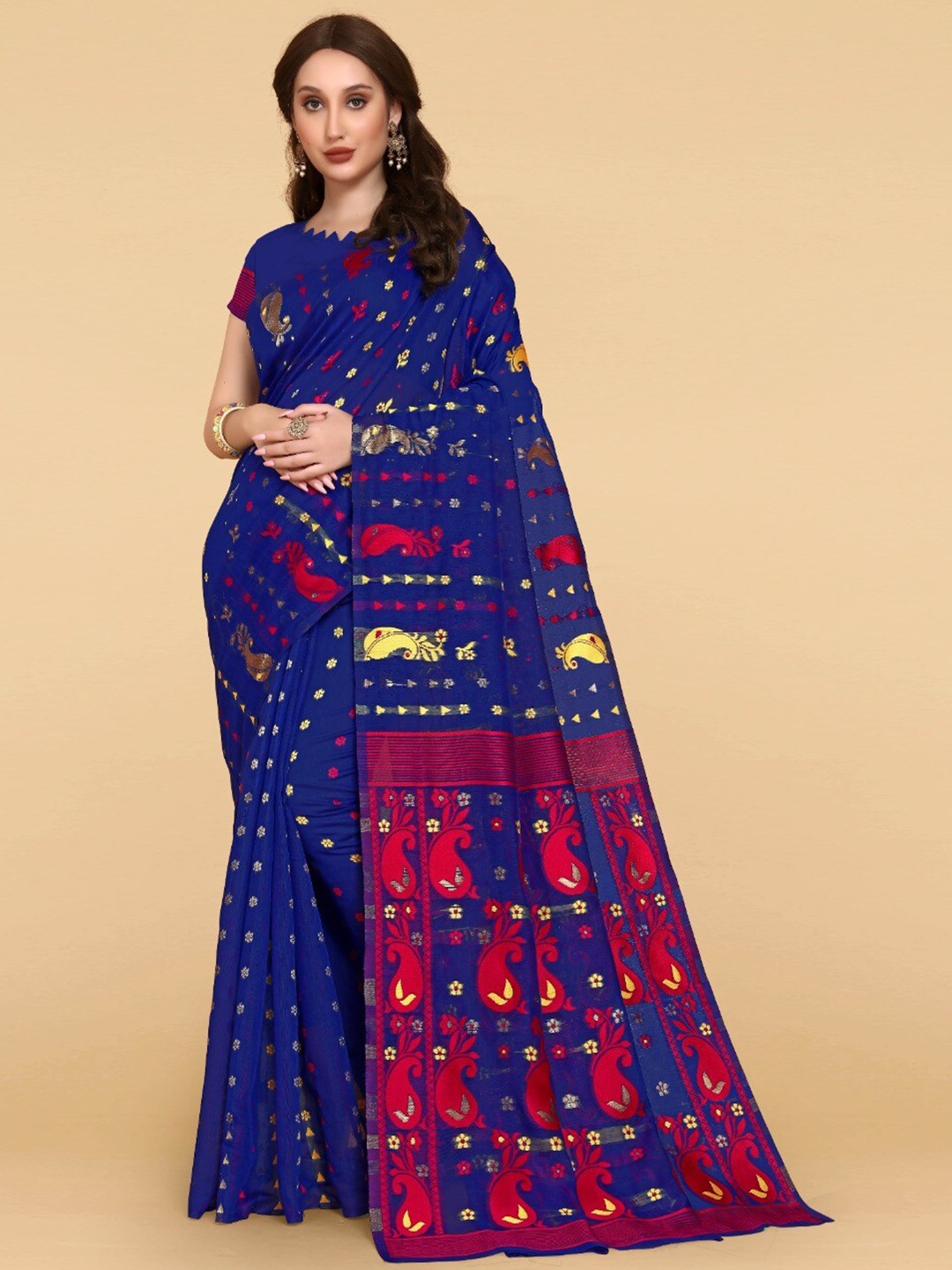 

ZIKARAA Floral Jute Cotton Jamdani Saree, Blue