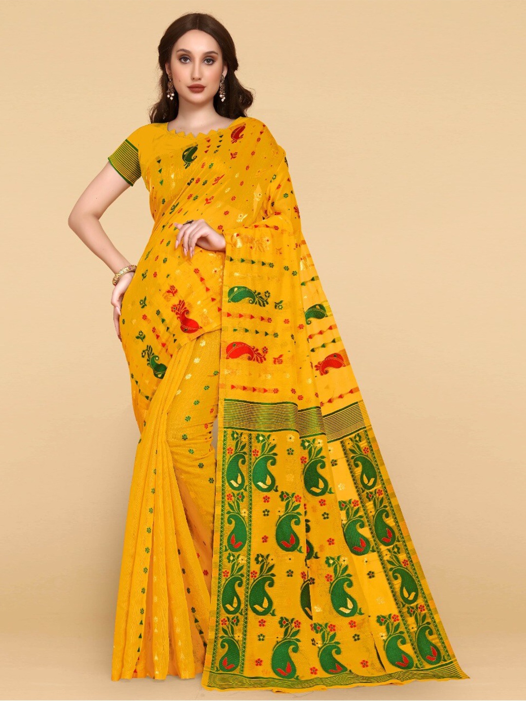 

ZIKARAA Floral Jute Cotton Jamdani Saree, Yellow
