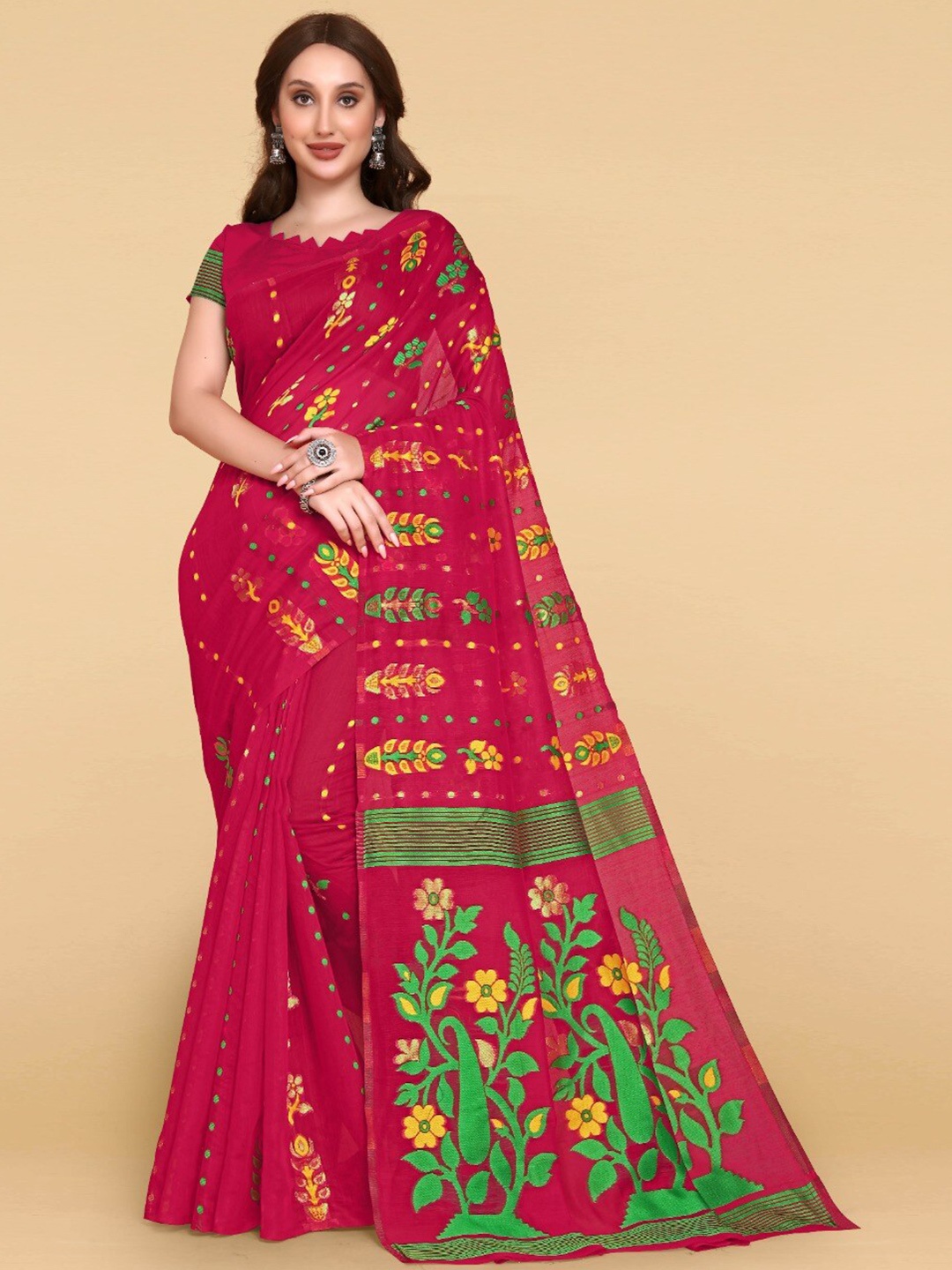 

ZIKARAA Floral Jute Cotton Jamdani Saree, Pink