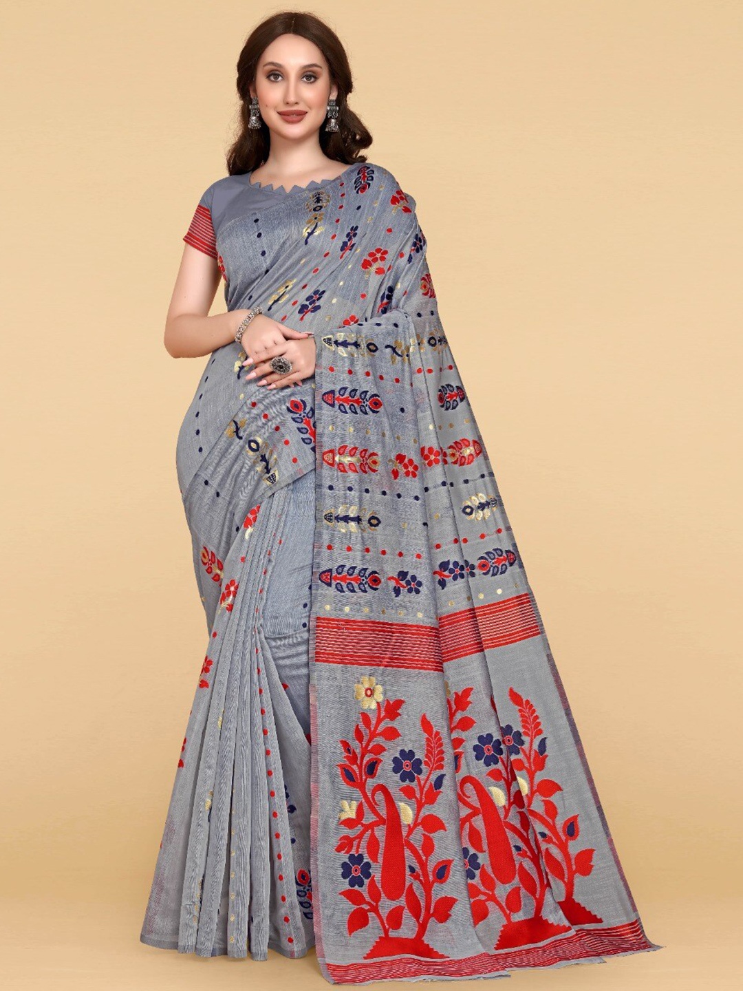 

ZIKARAA Floral Jute Cotton Jamdani Saree, Grey