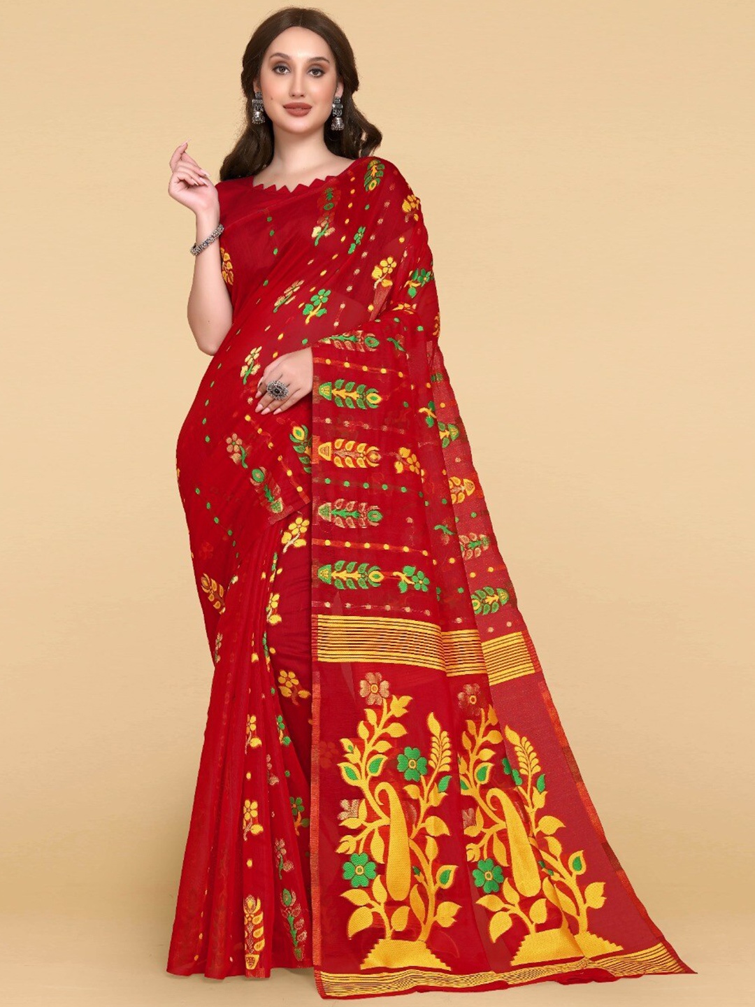

ZIKARAA Woven Design Jute Cotton Jamdani Saree, Red