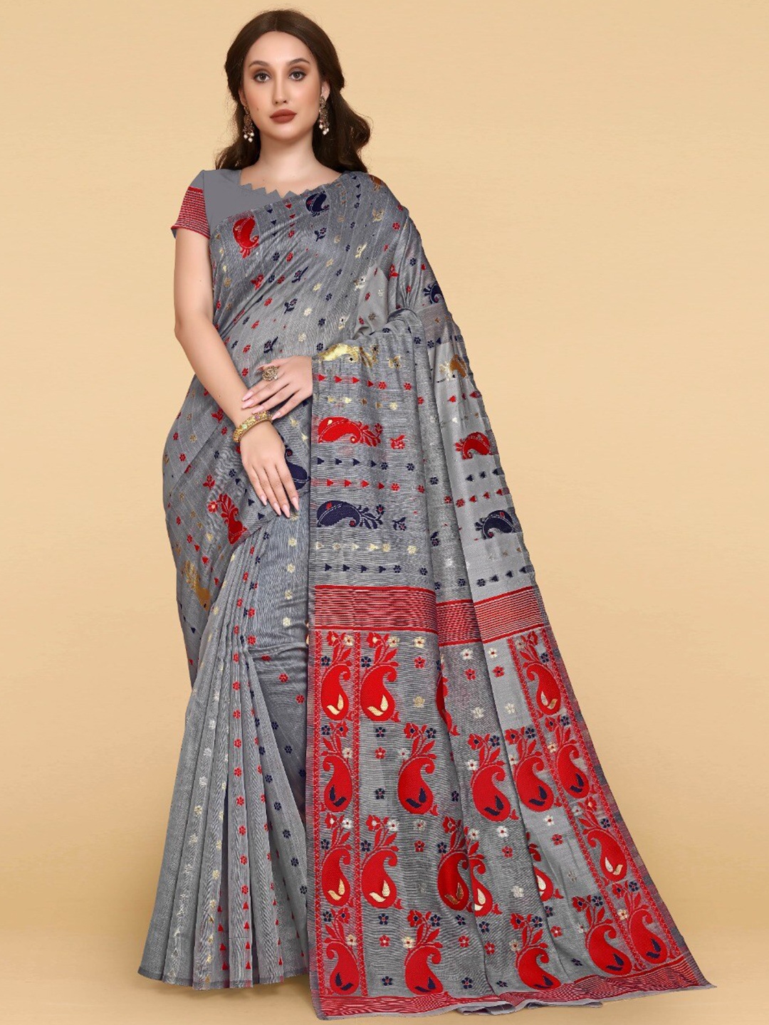 

ZIKARAA Woven Design Jute Cotton Jamdani Saree, Grey